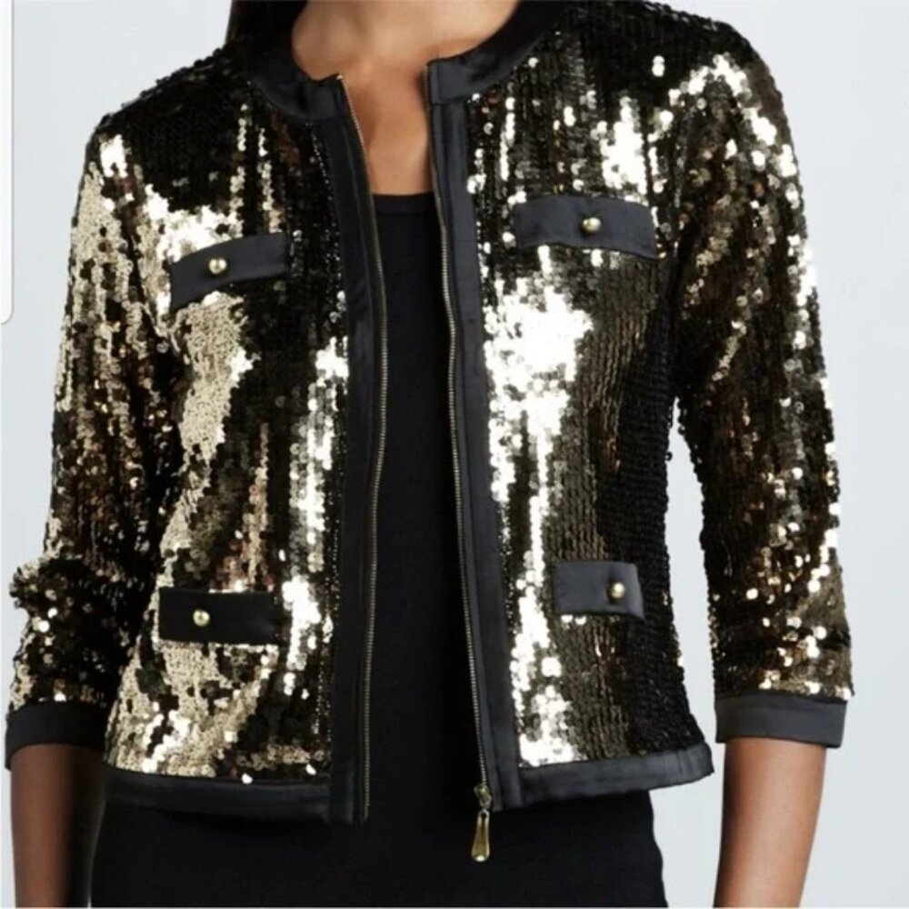 NEW NWT! MICHAEL SIMON GOLD SEQUIN JACKET CROPPED ZIP FRONT 3/4 SLEEVE sz M